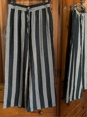 Tribal Jeans- Striped Wide Leg Linen blend Pants, Navy Blue & White, Pockets XS